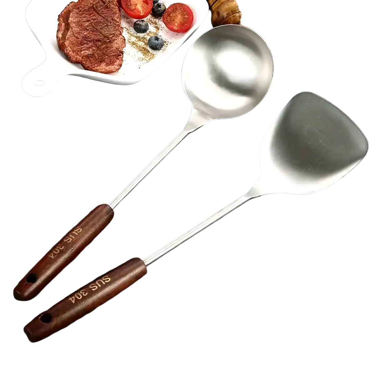 Set of two stainless steel cooking utensils with wooden handles featuring a wok spatula and ladle