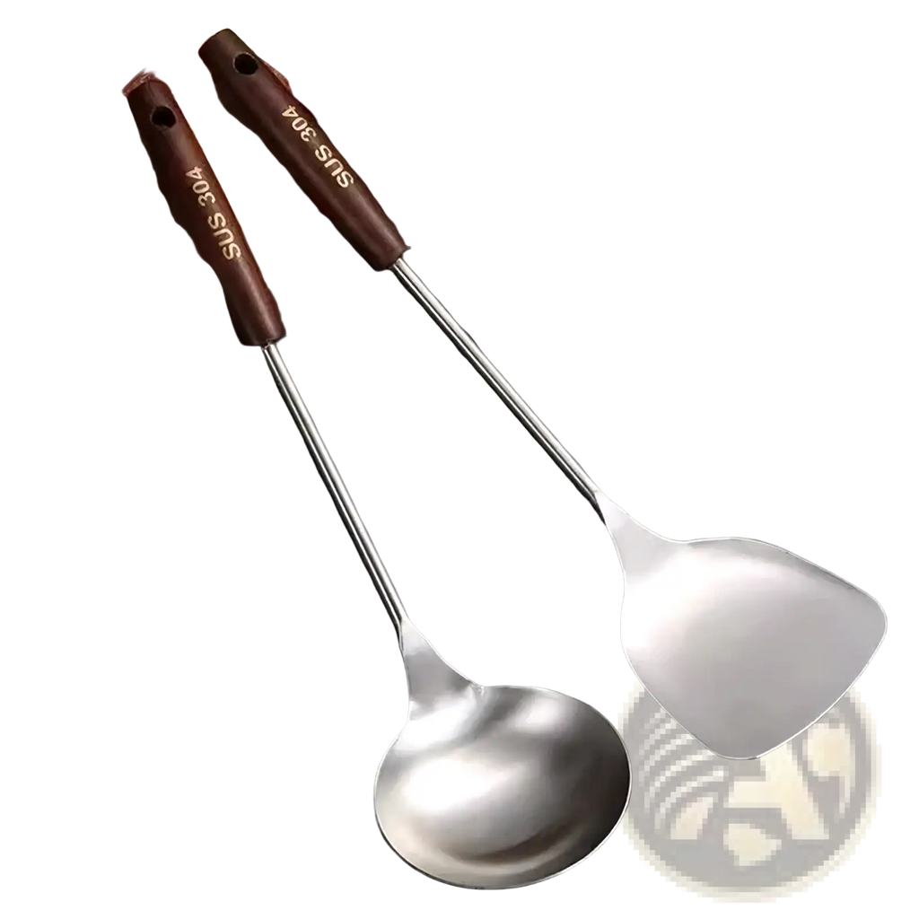 Set of two stainless steel kitchen utensils with brown wooden handles including a ladle and spatula