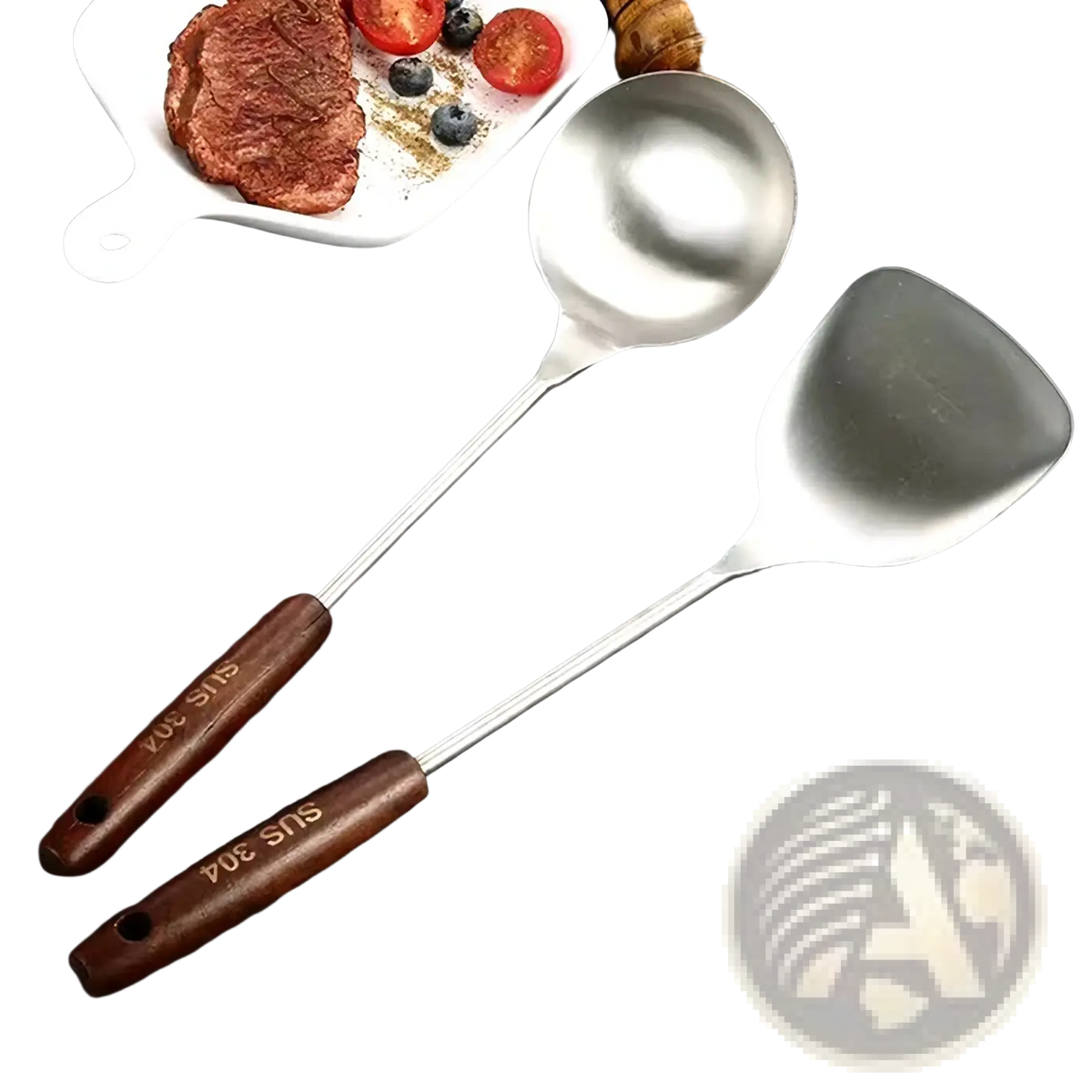 Set of two stainless steel cooking utensils with wooden handles featuring a wok spatula and ladle