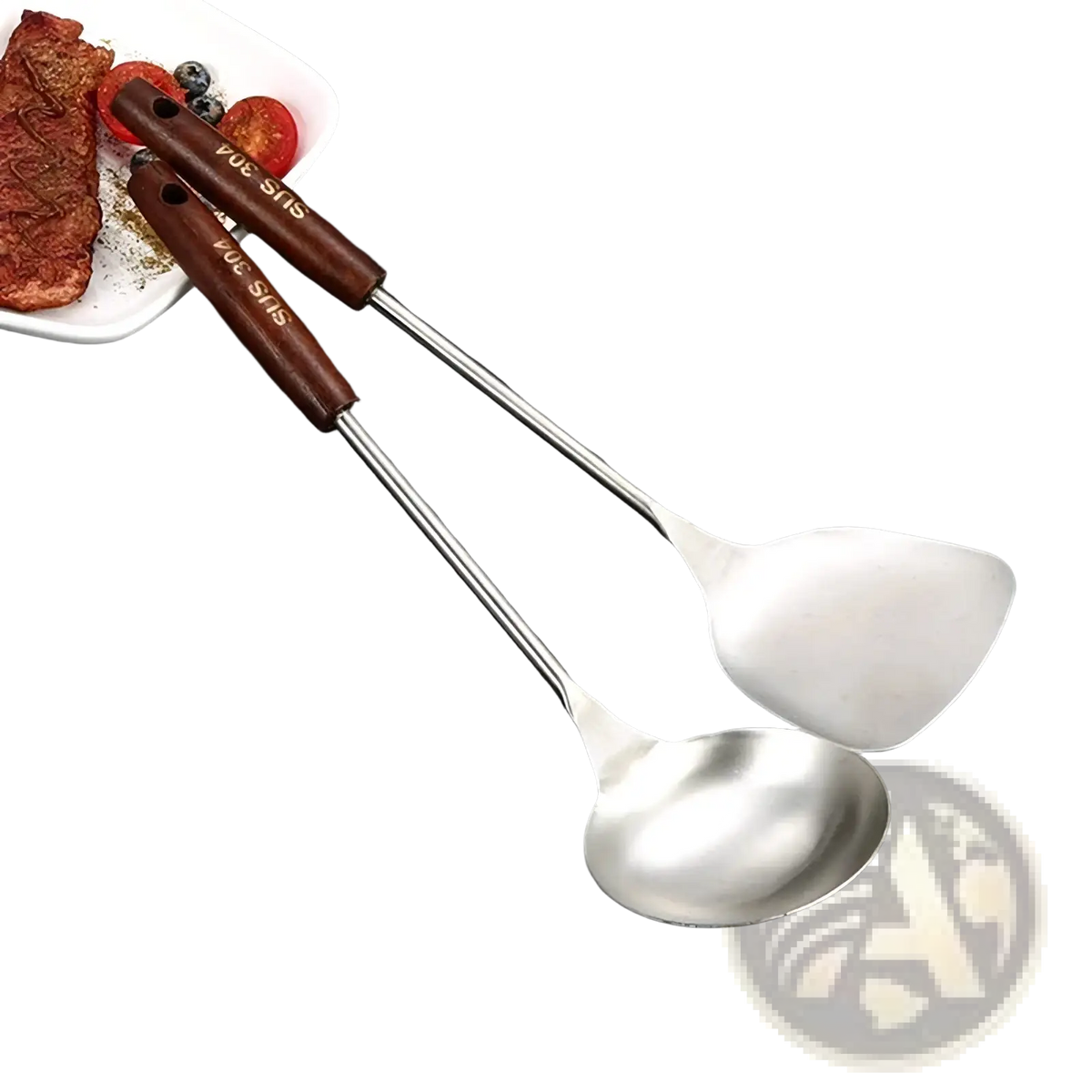 Set of two stainless steel wok utensils with dark brown wooden handles featuring a spoon and angled spatula