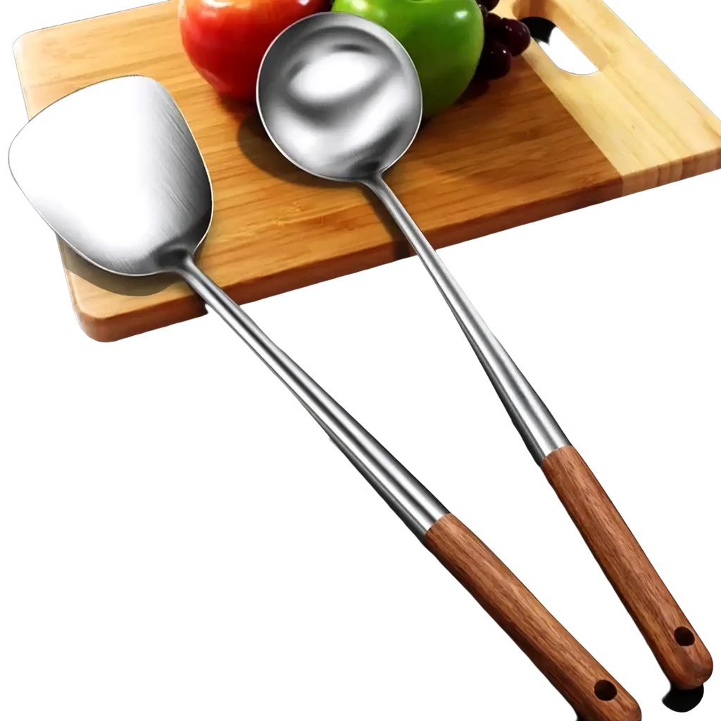 Stainless steel wok spatula and ladle set with wooden handles featuring a flat spatula and rounded ladle