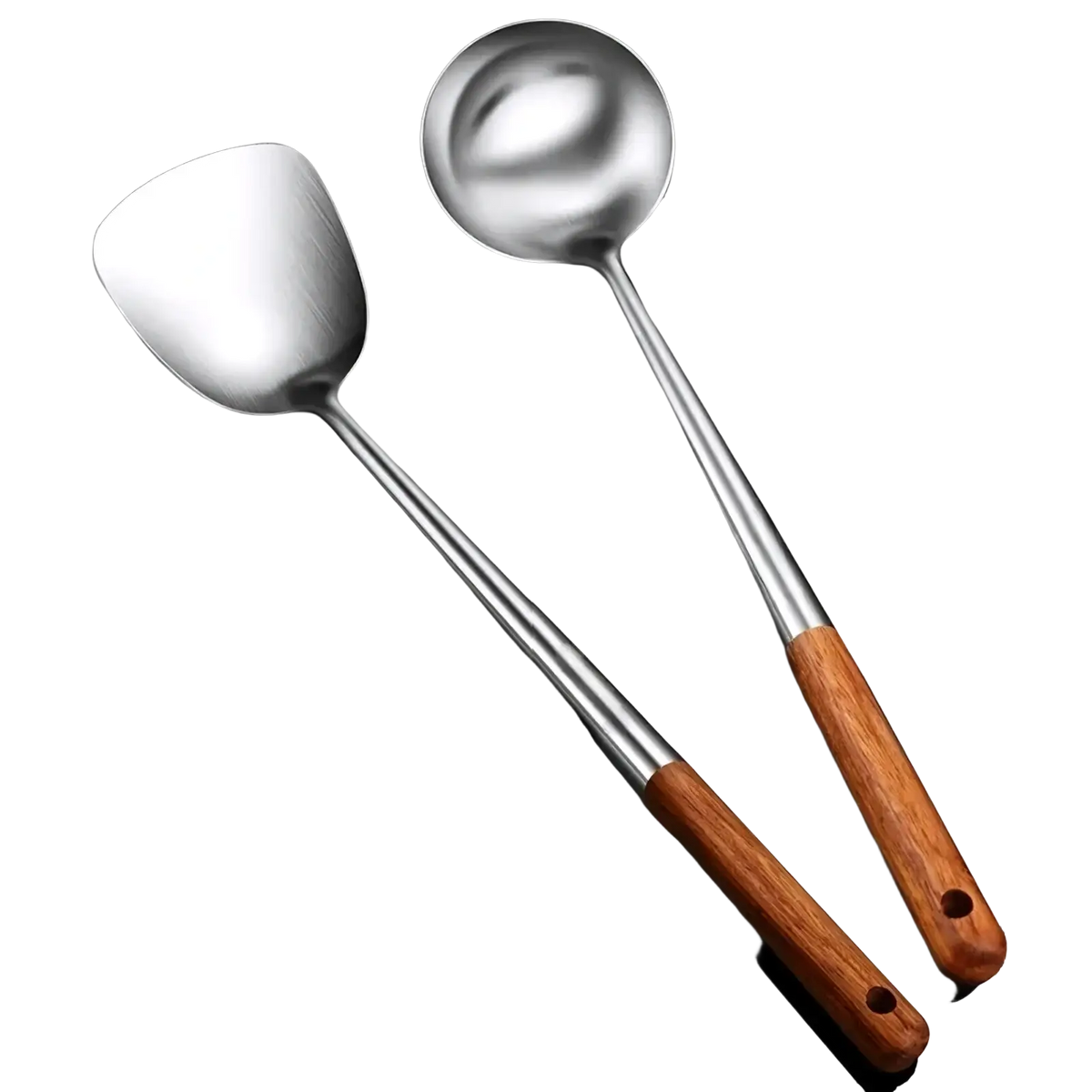Stainless steel wok spatula and ladle set with wooden handles featuring flat spatula and round ladle