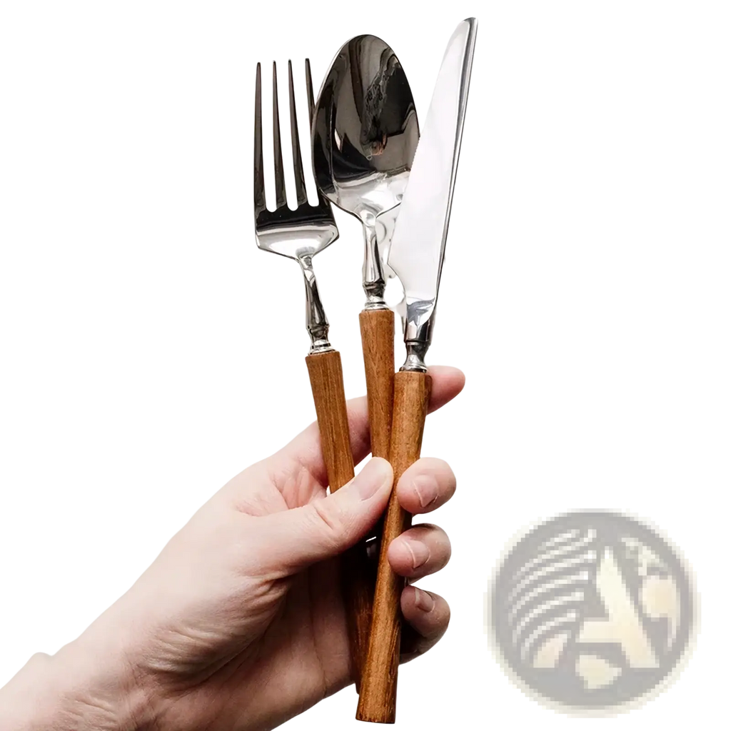 A stainless steel wooden handle cutlery set with polished steel heads and warm natural wood handles for dining