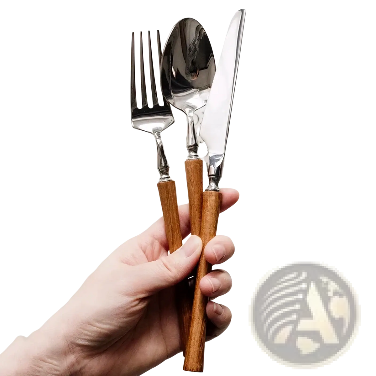 A stainless steel wooden handle cutlery set with polished steel heads and warm natural wood handles for dining