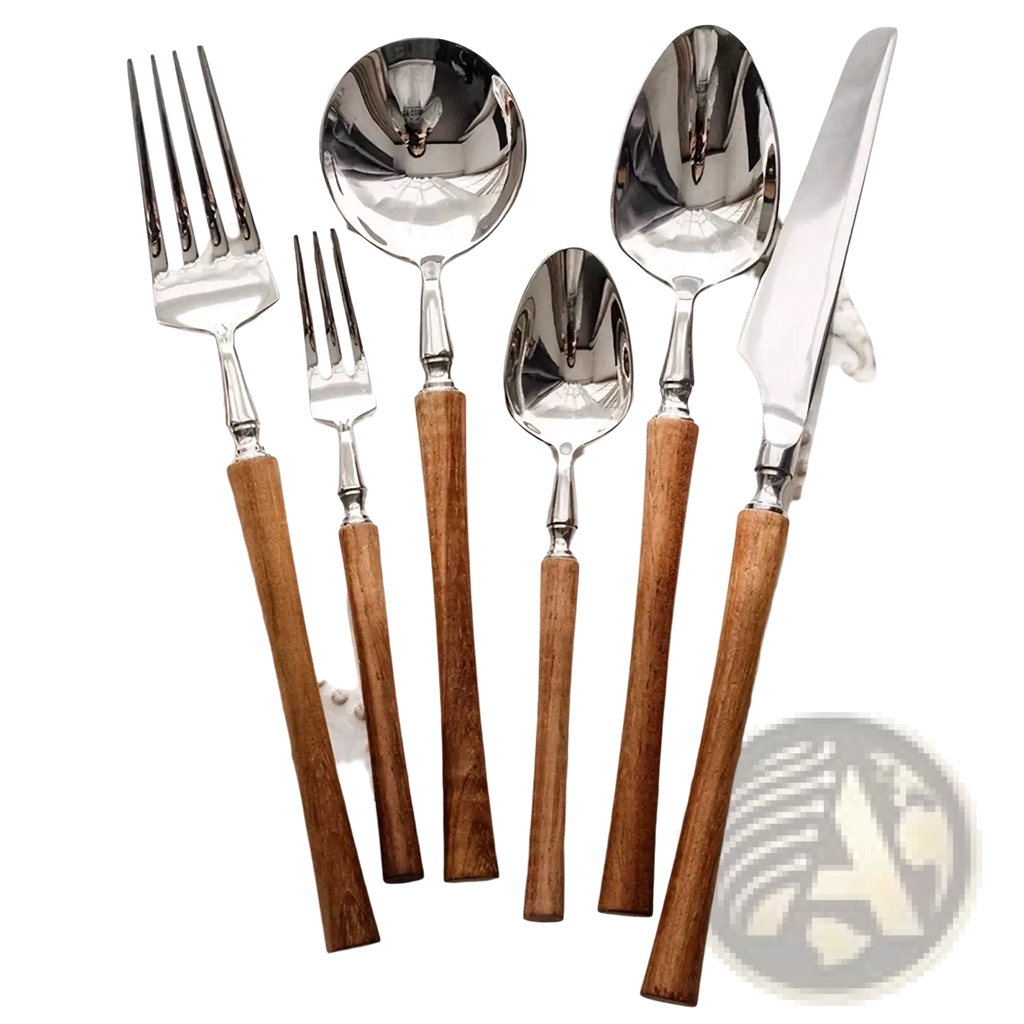 Set of stainless steel wooden handle cutlery with polished steel heads and warm natural wood handles for dining
