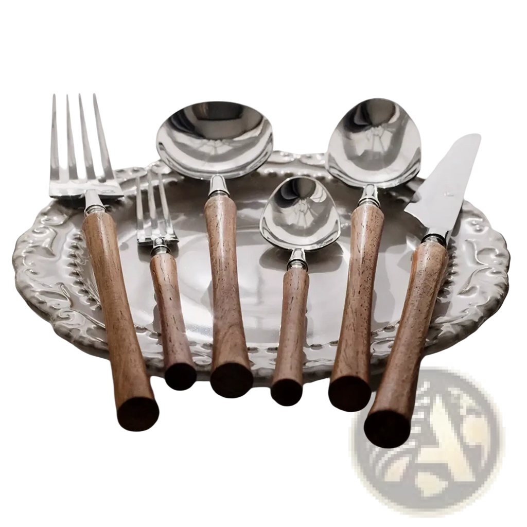 Set of stainless steel cutlery with polished silver blades and warm natural wood handles for elegant dining