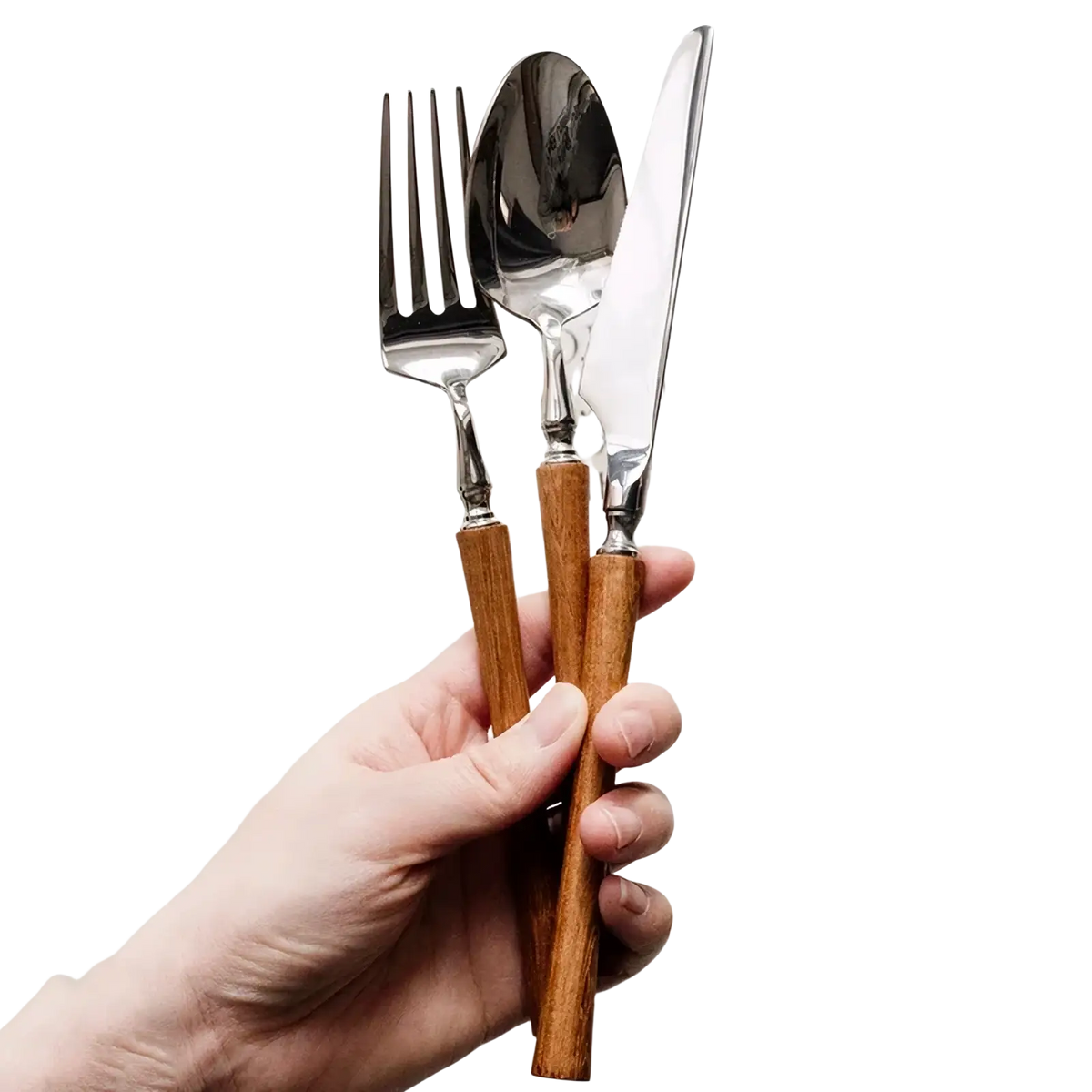 A stainless steel wooden handle cutlery set with polished steel heads and warm natural wood handles for dining