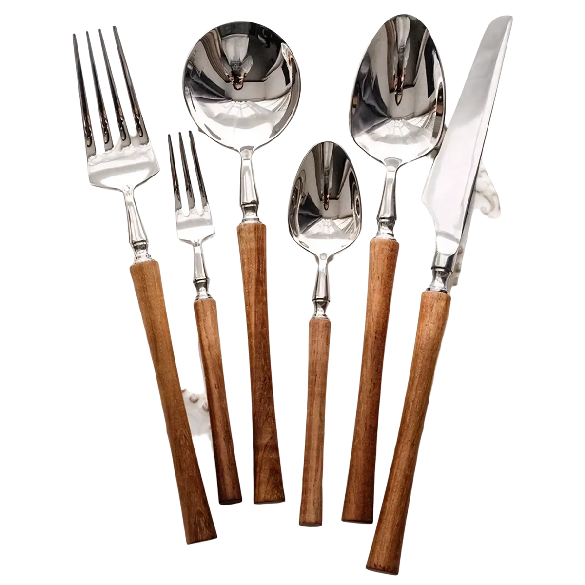 Set of stainless steel wooden handle cutlery with polished steel heads and warm natural wood handles for dining