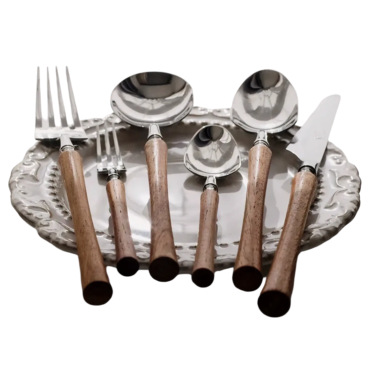 Set of stainless steel cutlery with polished silver blades and warm natural wood handles for elegant dining