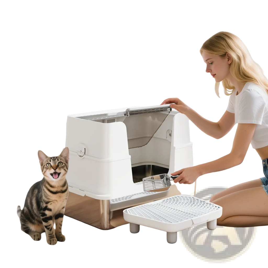 White modern cat litter box with stainless steel accents and transparent lid for enclosed xl use