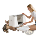 White modern XL enclosed cat litter box with stainless steel accents and a transparent lid for easy use