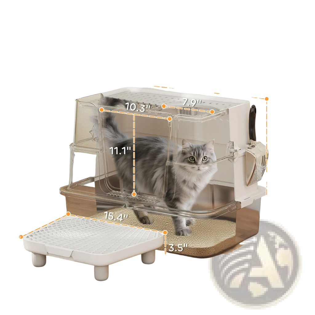 Clear plastic and white-accented xl stainless steel enclosed cat litter box with built-in carrier for cats under 15 lbs