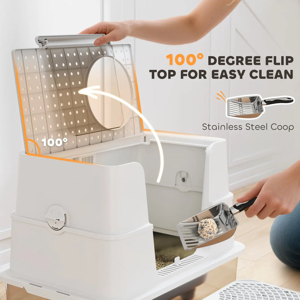 White plastic cat litter box with 100-degree flip-top lid and stainless steel coop for enclosed use
