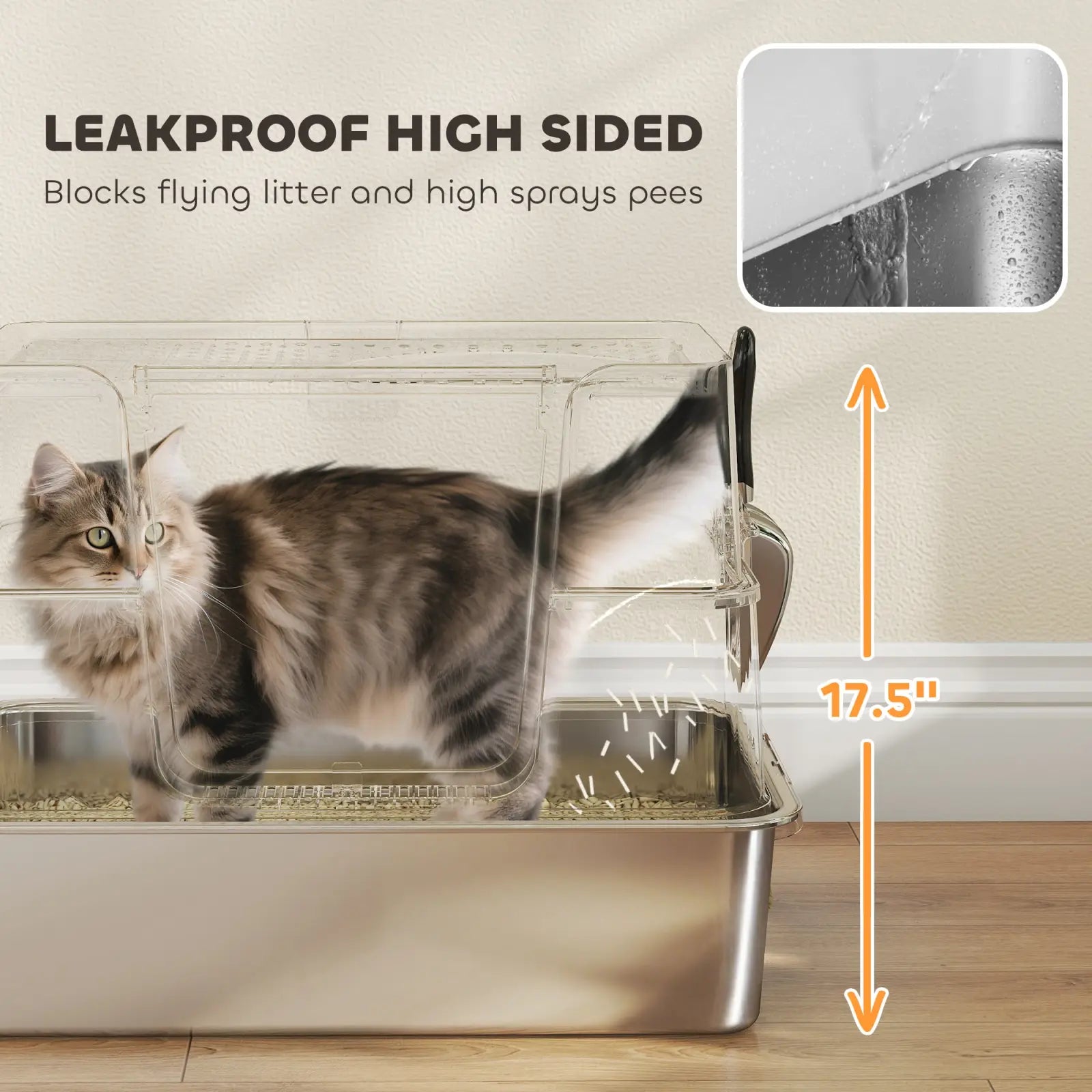 Stainless steel xl enclosed cat litter box with clear plastic sides 17.5 inch height leakproof design to block litter and pee sprays
