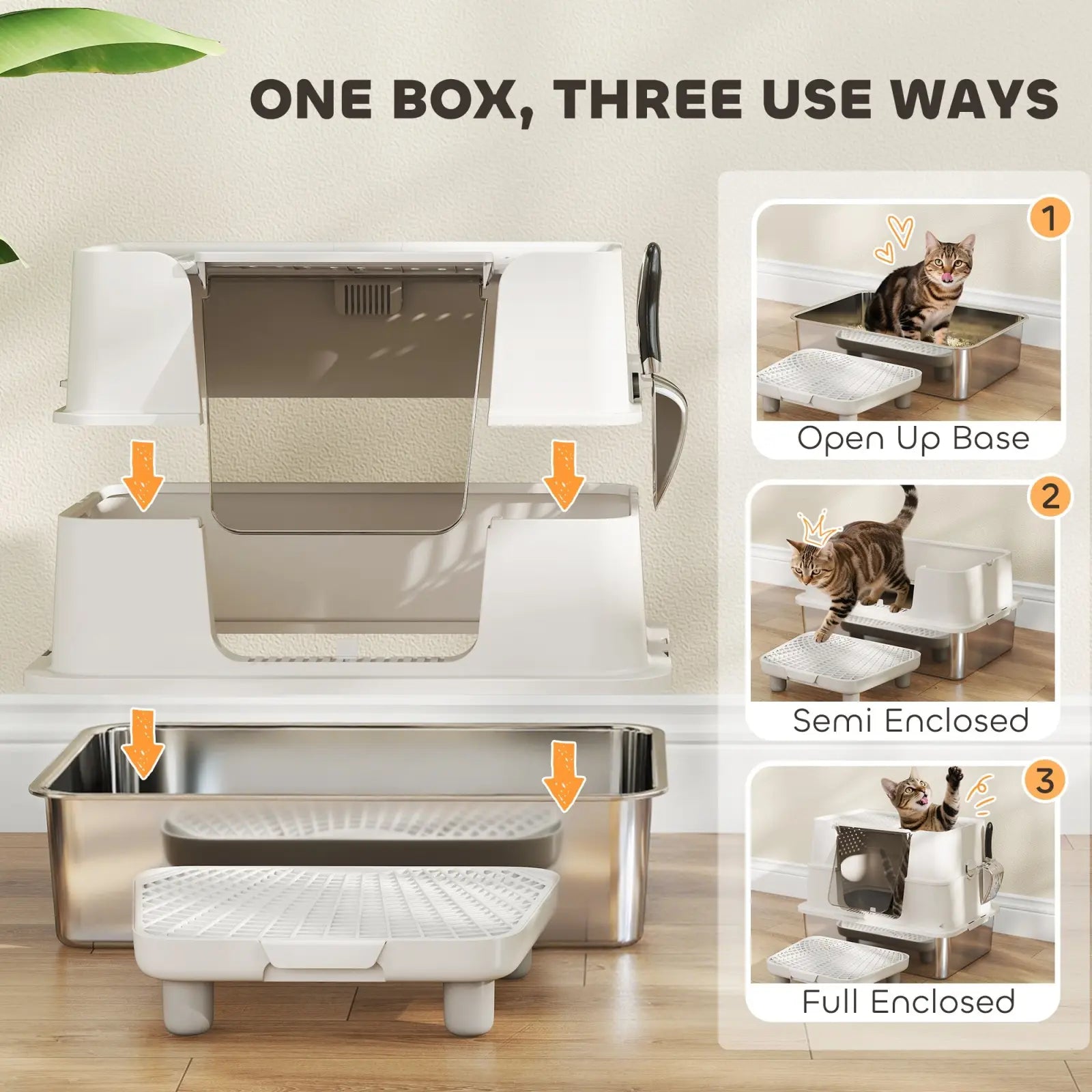 White and stainless steel multi-use stainless steel xl enclosed cat litter box with three adjustable enclosure configurations