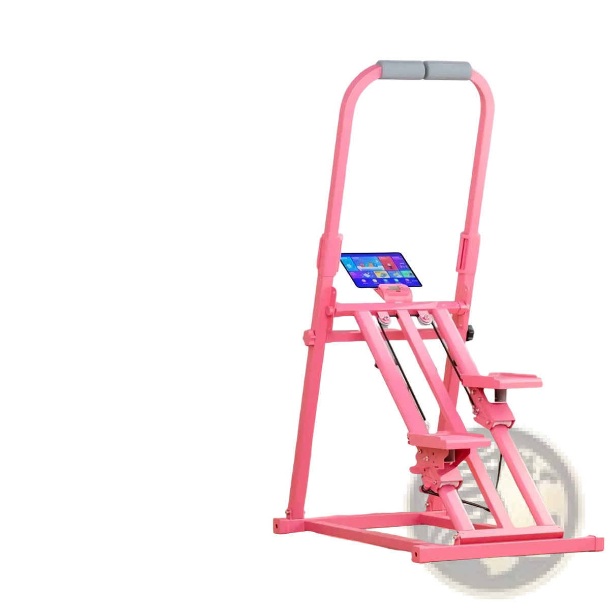 Pink home exercise stair climber with adjustable handle height and built-in tablet display for fitness training