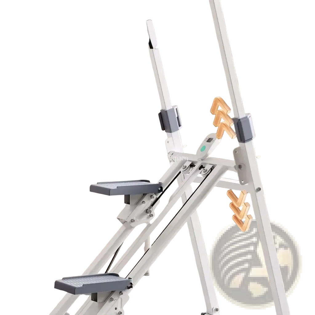 White and gray adjustable incline stair climbing machine with wooden hand grips for home fitness step equipment