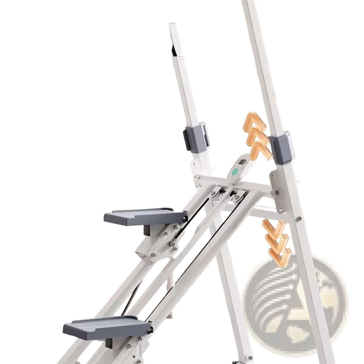 White and gray adjustable incline stair climbing machine with wooden hand grips for home fitness step equipment