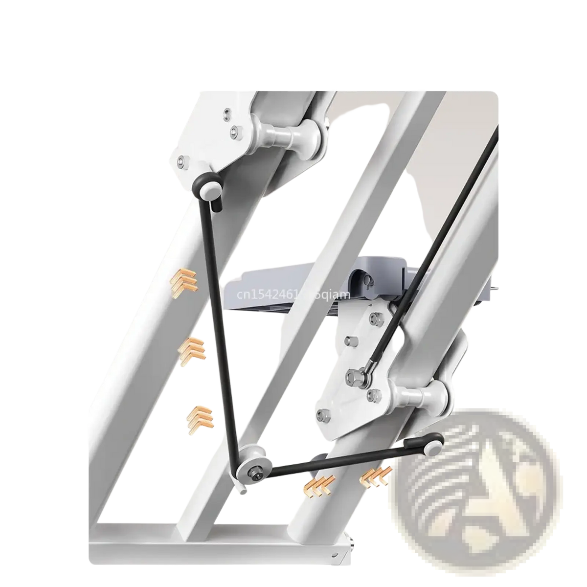 White metal adjustable desk arm with black tension cables and automatic return spring on stair climbing machine equipment