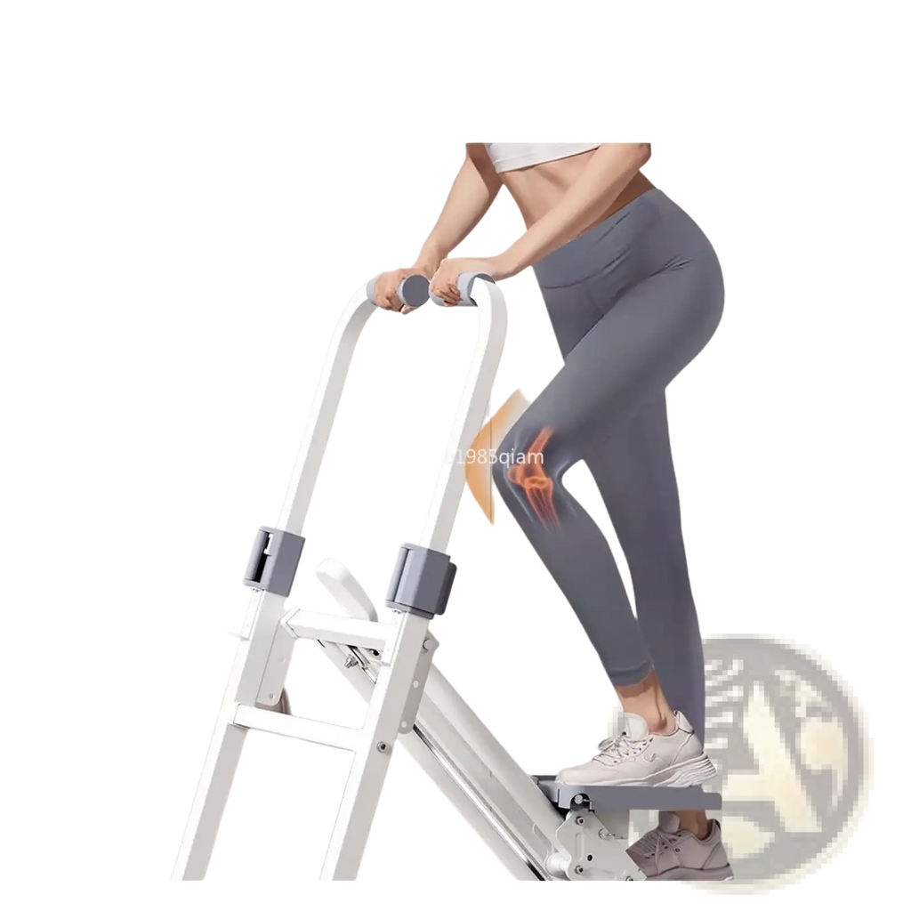 White metal stair climbing machine with gray padded handles and adjustable foot platform for home fitness