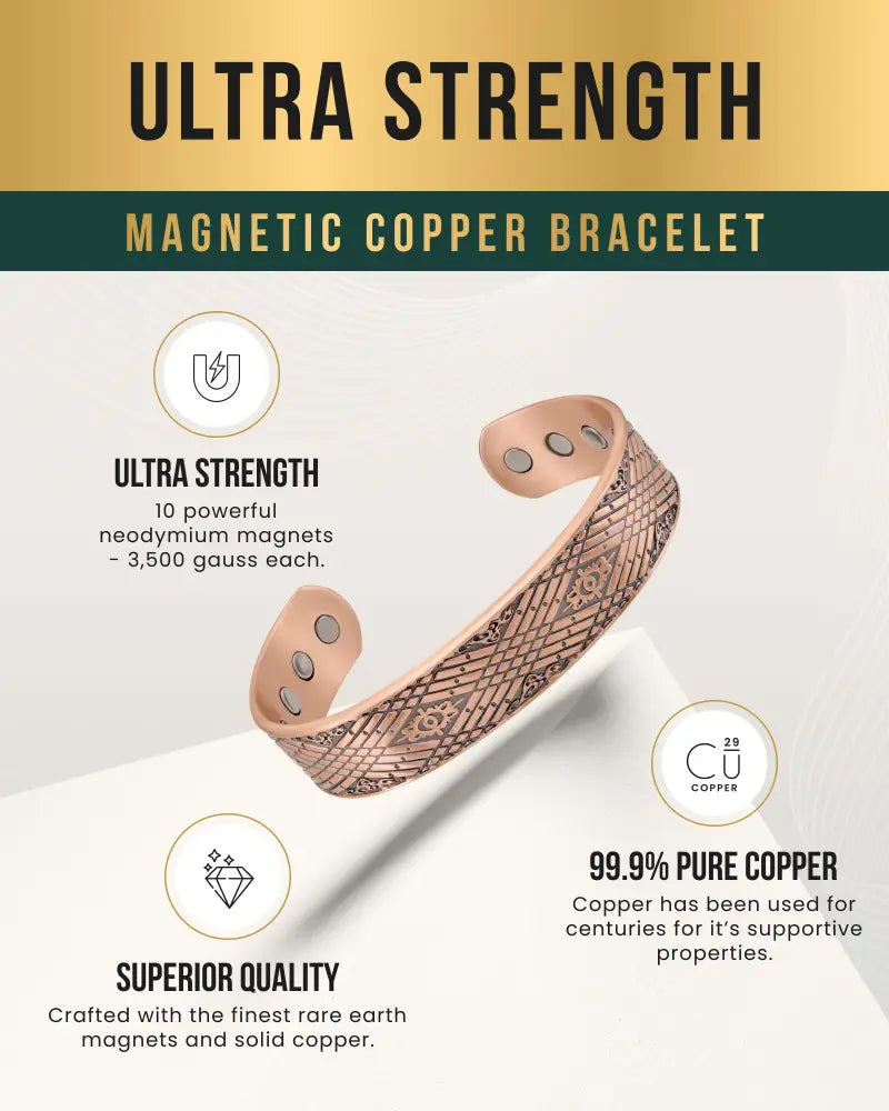 Stamped Celtic Mist magnetic copper cuff bracelet in rose gold with intricate geometric pattern and six neodymium magnets