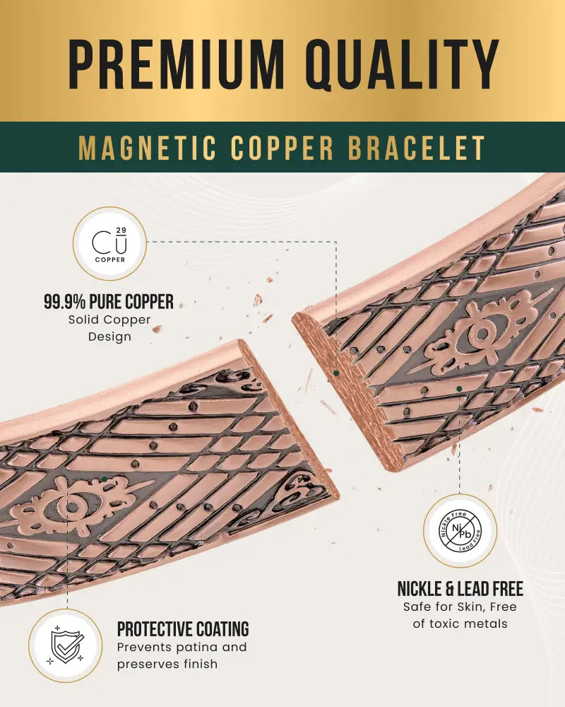 Stamped Celtic Mist magnetic copper cuff bracelet in rose gold with diamond pattern and ornate eye motifs