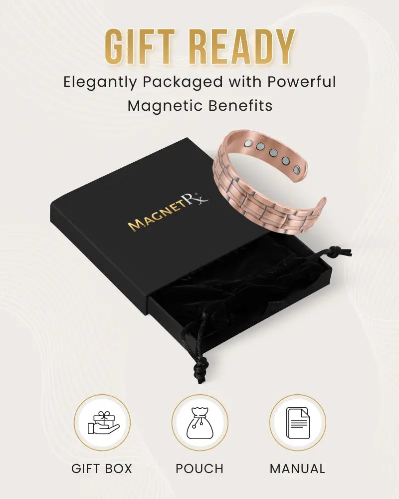 Rose gold stamped chain magnetic copper bracelet with sleek segmented design and embedded circular magnets for relief