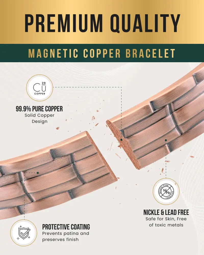 Stamped chain magnetic copper bracelet in solid 99.9% pure copper with brick pattern and protective coating for targeted relief