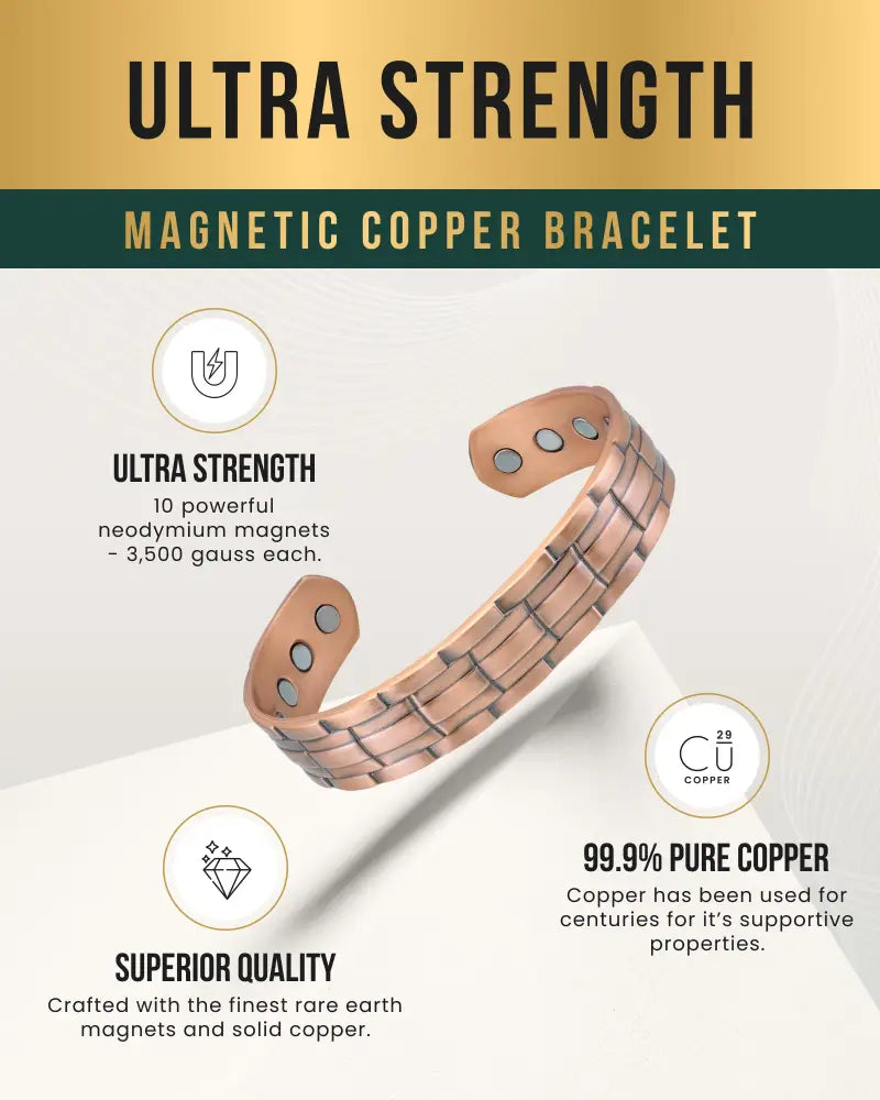 Stamped chain magnetic copper bracelet in copper color with brick texture and ten neodymium magnets for targeted relief