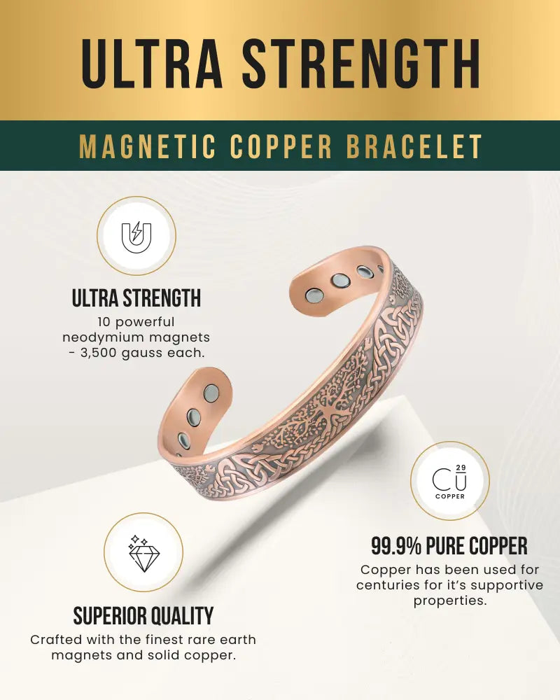 Irish tree engraved magnetic copper cuff bracelet with intricate celtic knot and ten embedded neodymium magnets