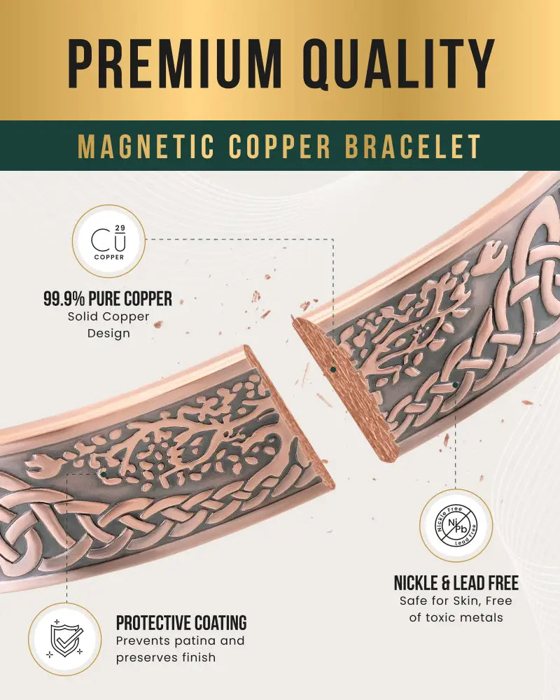 A magnetic copper cuff bracelet with an intricate celtic knot design in rose gold tone crafted from pure copper