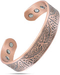 Rose gold magnetic copper cuff bracelet with intricate celtic knot and tree of life designs titled irish tree engraved