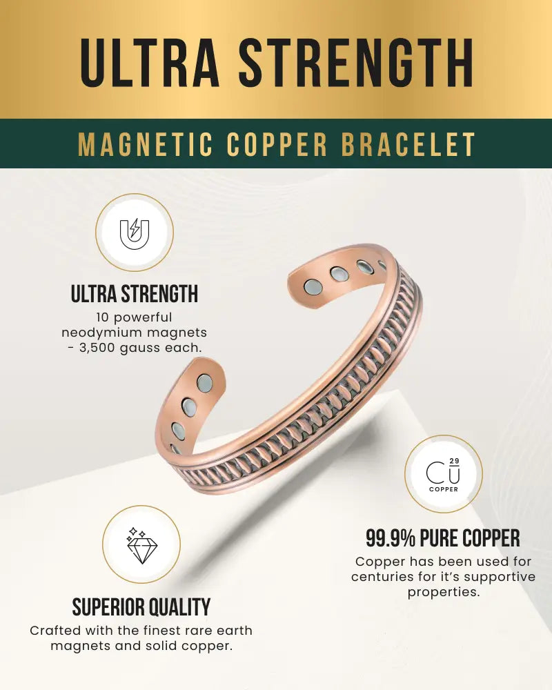 Handcrafted rose gold pure copper magnetic therapy bracelet for men with braided design and ten embedded neodymium magnets