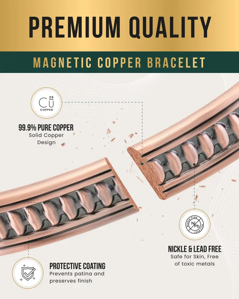 Handcrafted pure copper magnetic therapy bracelet for men in sleek rose gold with 99.9% pure copper and protective coating