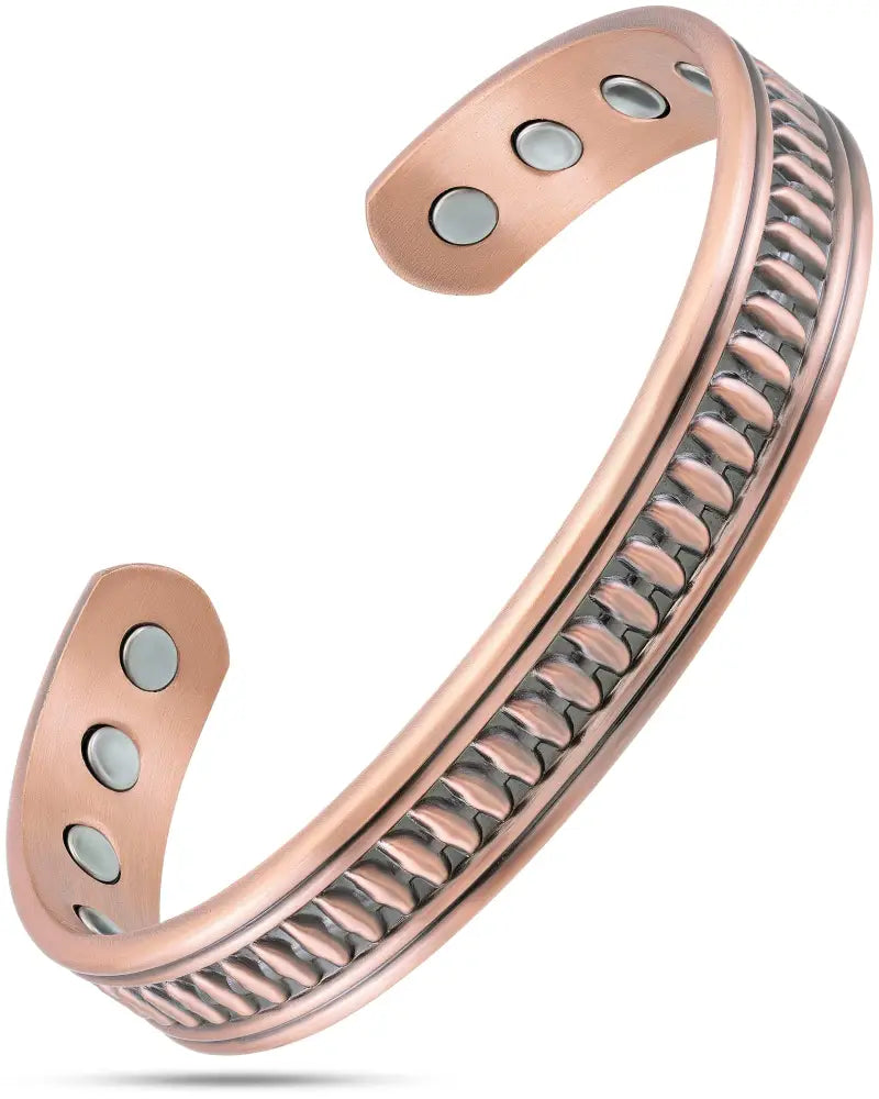 Handcrafted rose gold magnetic therapy cuff bracelet for men with braided copper design and three magnets on each end