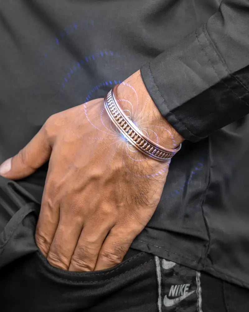 Silver-toned handcrafted pure copper magnetic therapy bracelet for men with intricate beaded detailing
