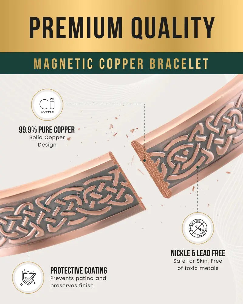 Rose gold shielded knot magnetic copper bracelet for men with intricate celtic knot design in antique bronze tone