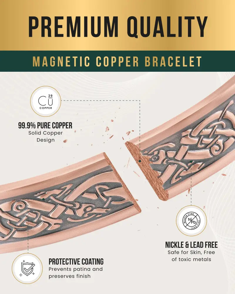 Viking stamped magnetic copper cuff bracelet for men with intricate celtic knotwork in rose gold tone