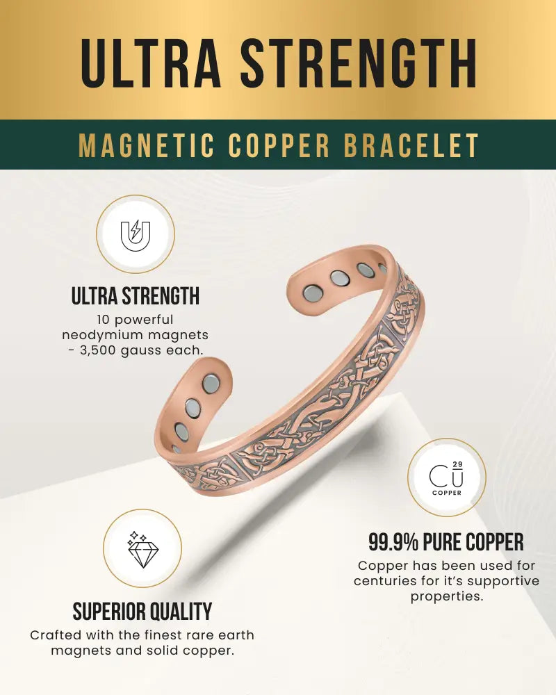 Viking stamped magnetic copper cuff bracelet for men with intricate engravings and ten embedded neodymium magnets