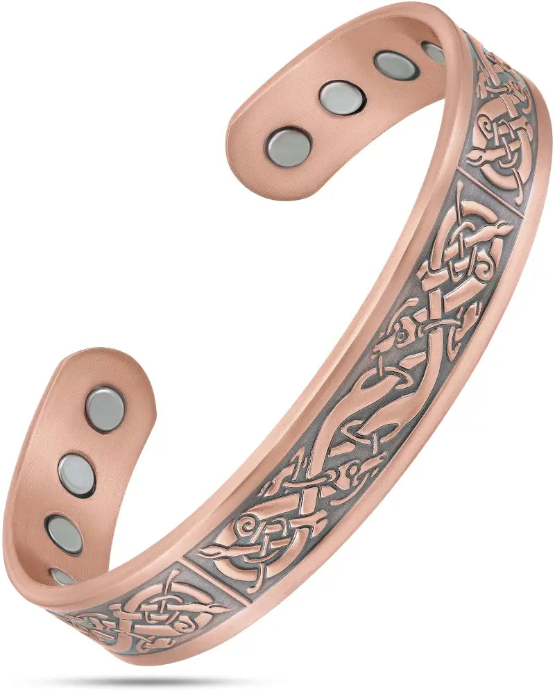 Viking stamped magnetic copper cuff bracelet for men with intricate celtic knot engraving and three circular magnets