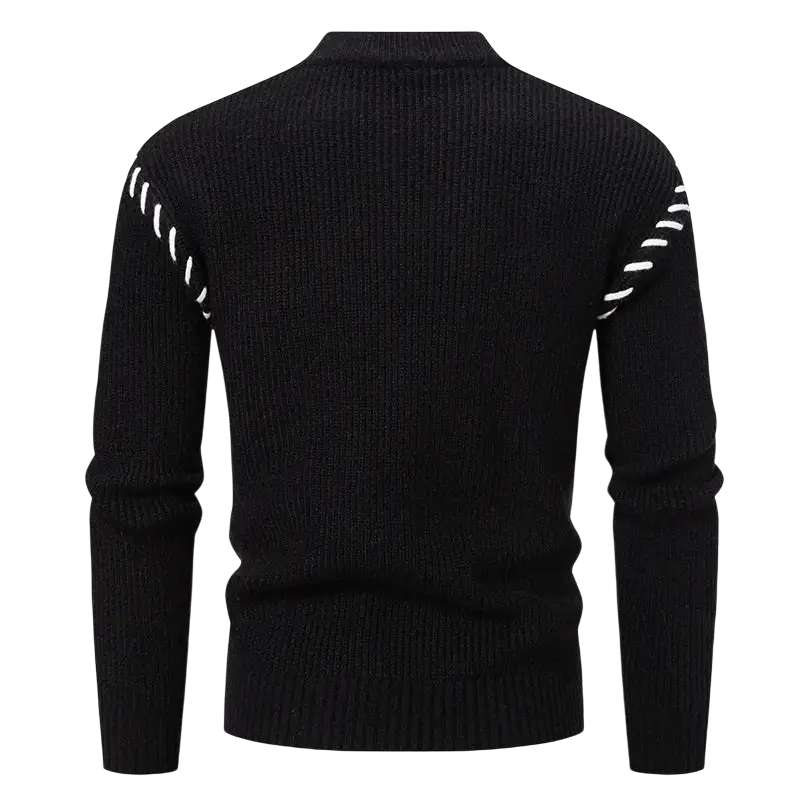 Black standard wool ribbed knit sweater with white diagonal stitch detailing on shoulders casual pullover