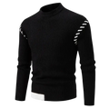 Standard wool men patchwork knit sweater in black ribbed wool with white diagonal shoulder stripes and hem band