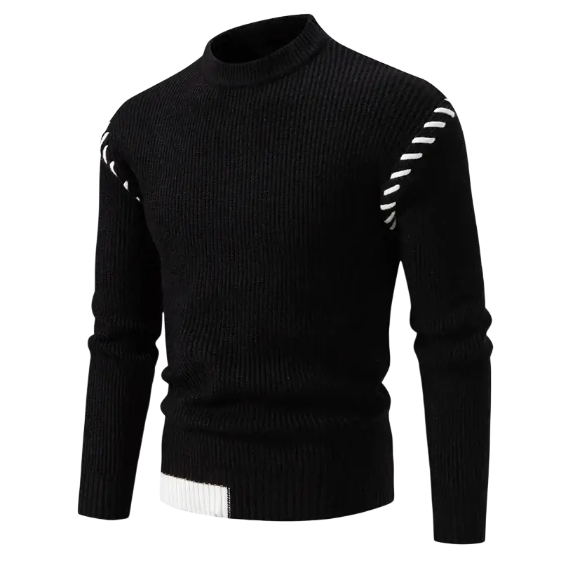 Standard wool men patchwork knit sweater in black ribbed wool with white diagonal shoulder stripes and hem band