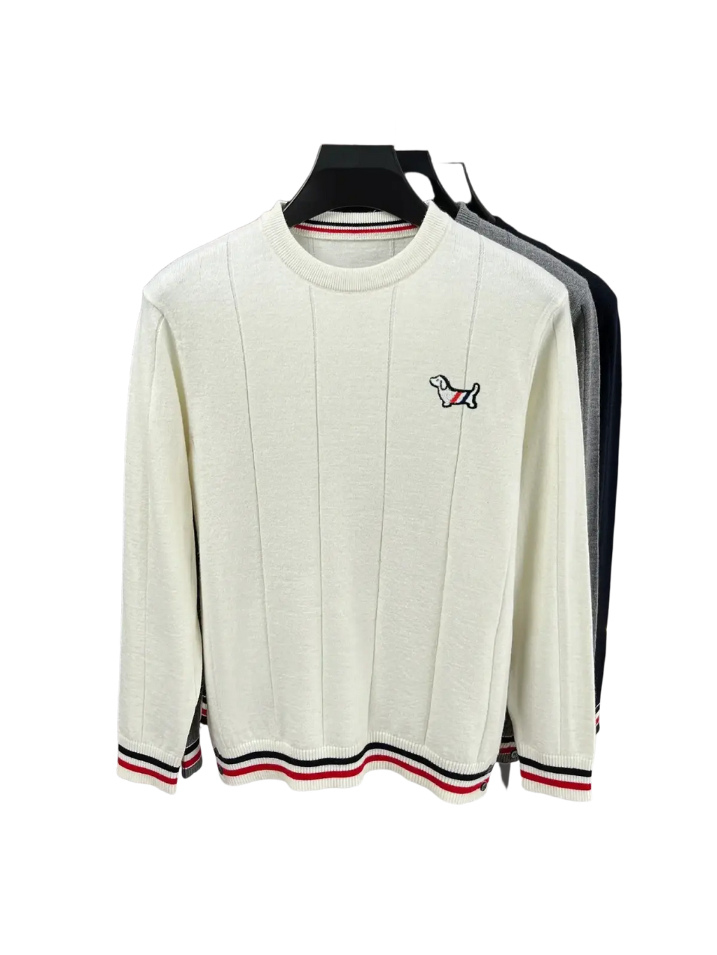 Cream-colored standard wool ribbed knit pullover with embroidered dog logo and red black striped trim for men
