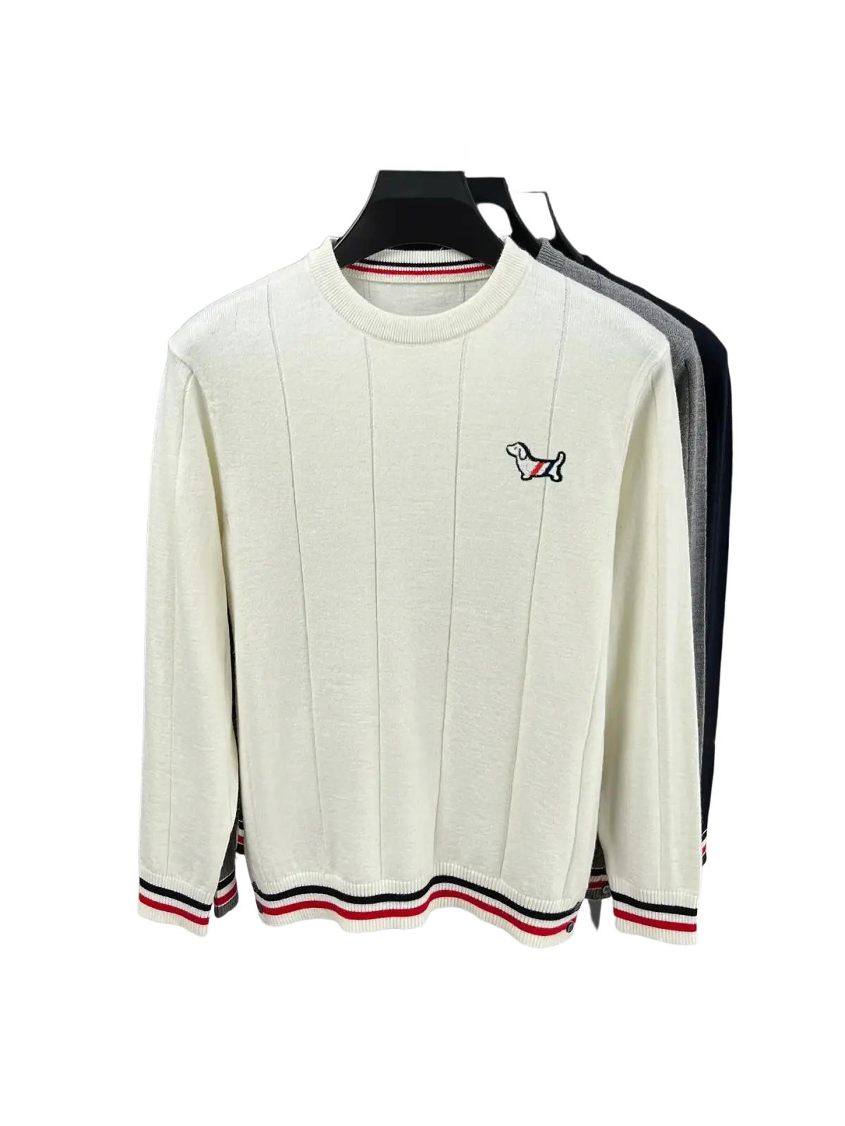 Cream-colored standard wool ribbed knit pullover with embroidered dog logo and red black striped trim for men