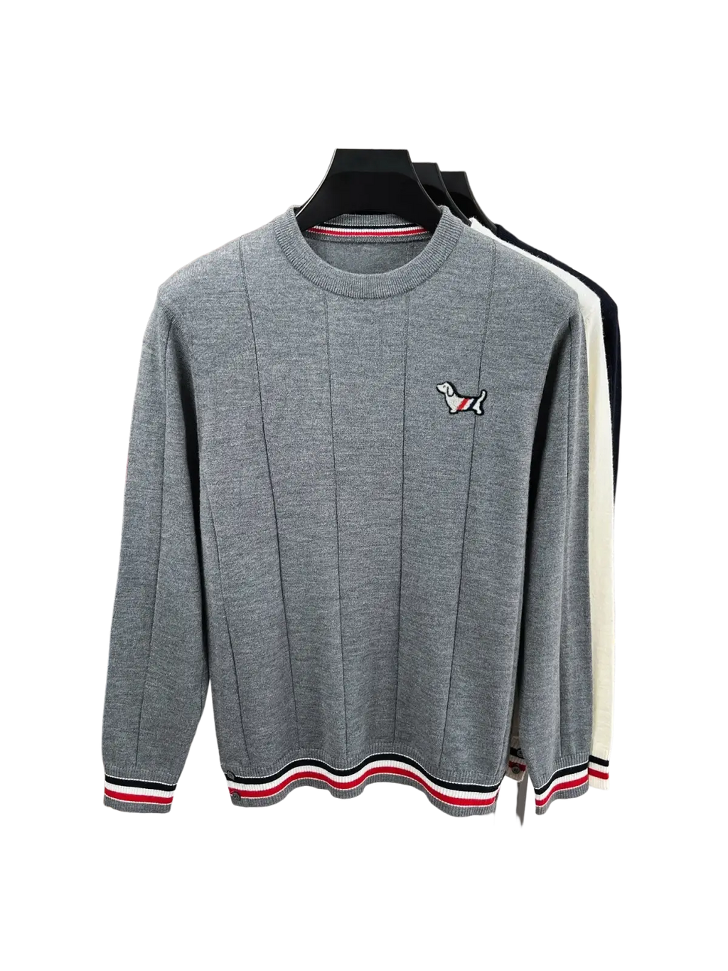 Gray standard wool knit pullover for men with ribbed seams, red and white striped cuffs, hem, and embroidered dog logo