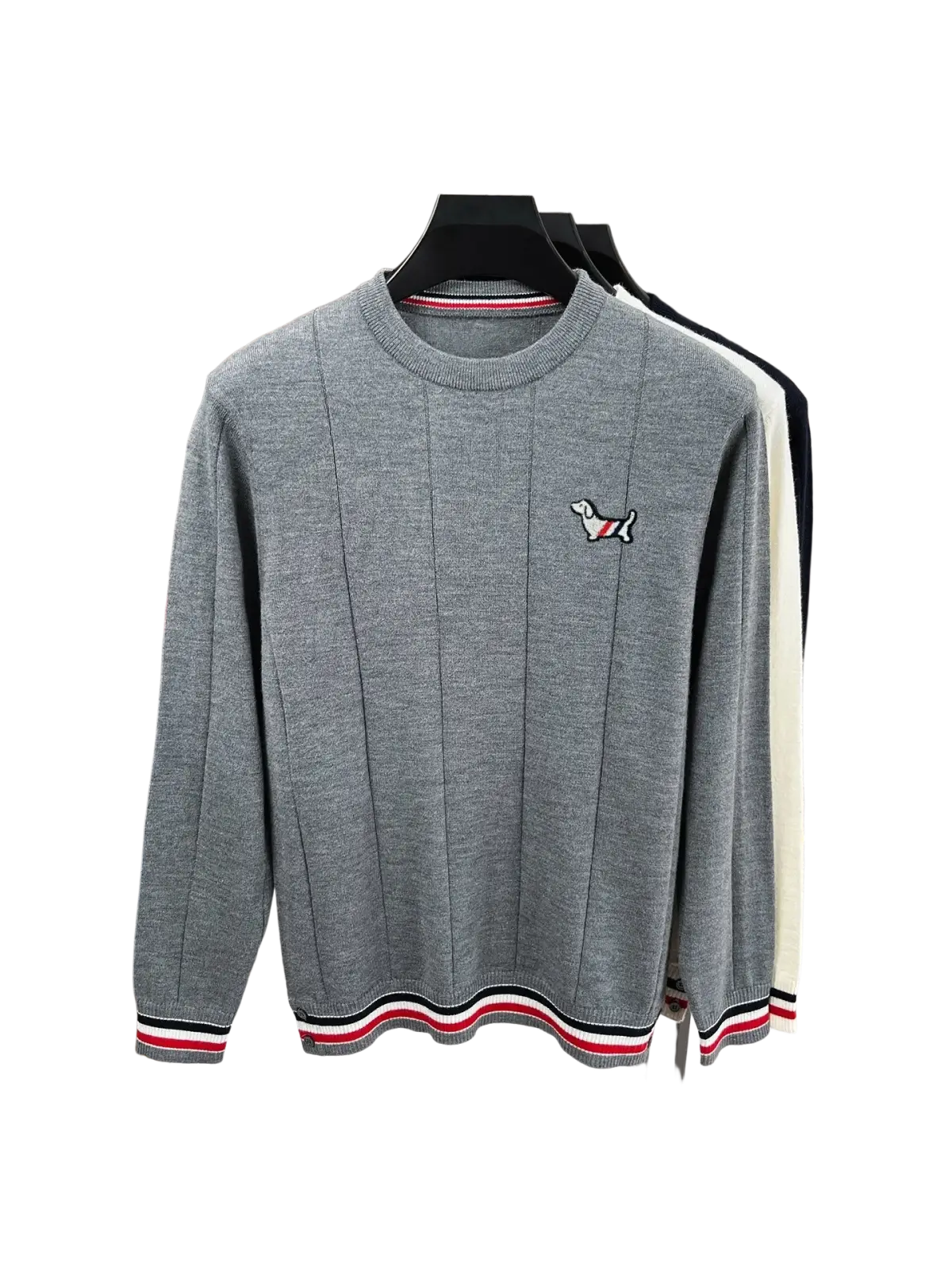 Gray standard wool knit pullover for men with ribbed seams, red and white striped cuffs, hem, and embroidered dog logo