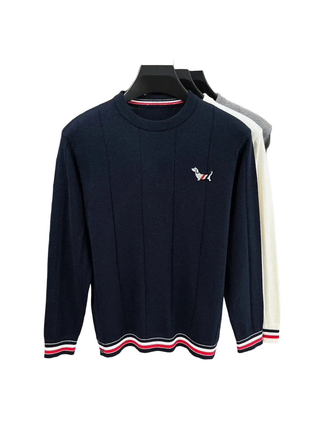 Navy blue standard wool striped knit pullover for men with ribbed cuffs hem embroidered dog logo and red white trim