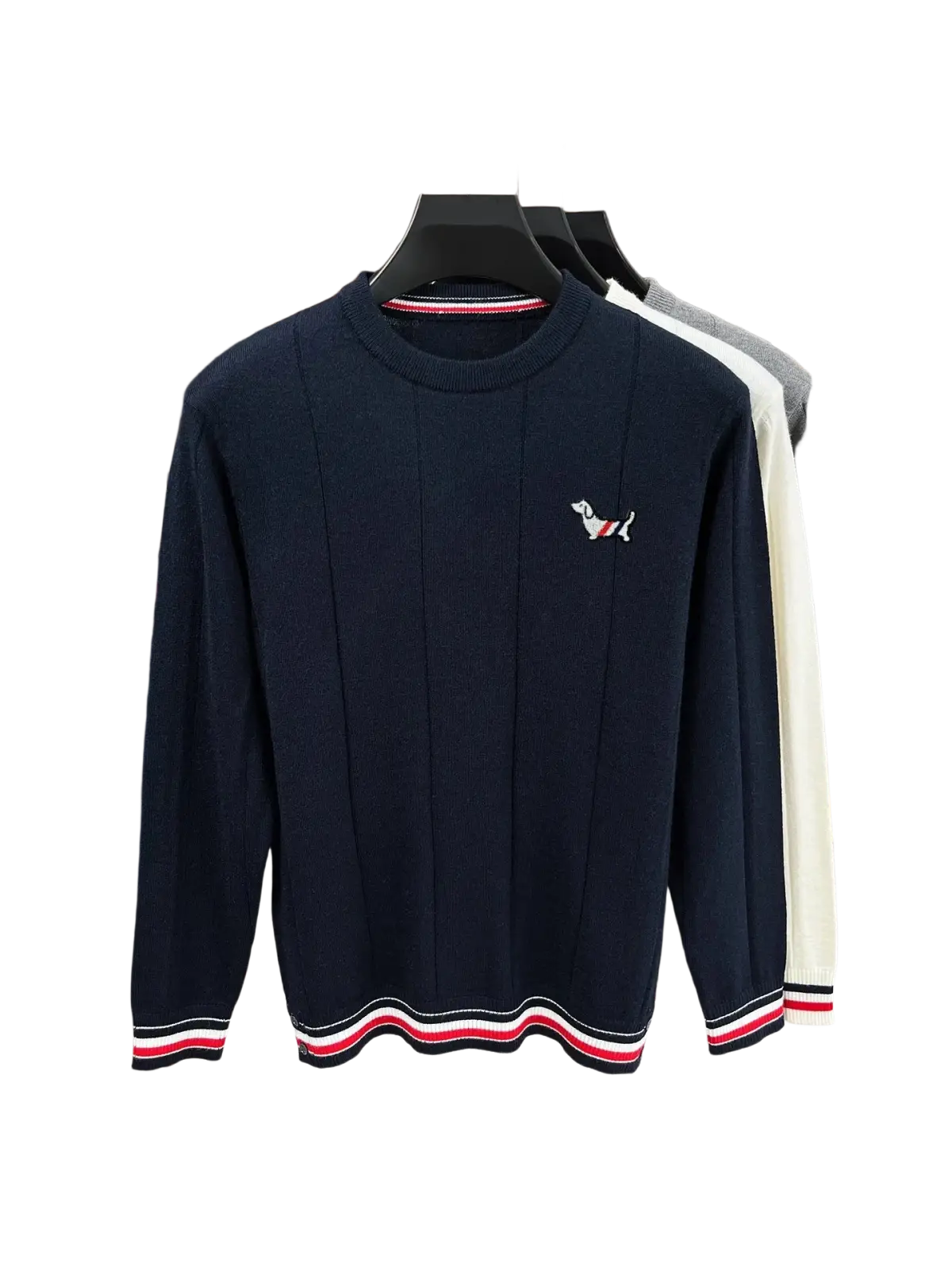 Navy blue standard wool striped knit pullover for men with ribbed cuffs hem embroidered dog logo and red white trim