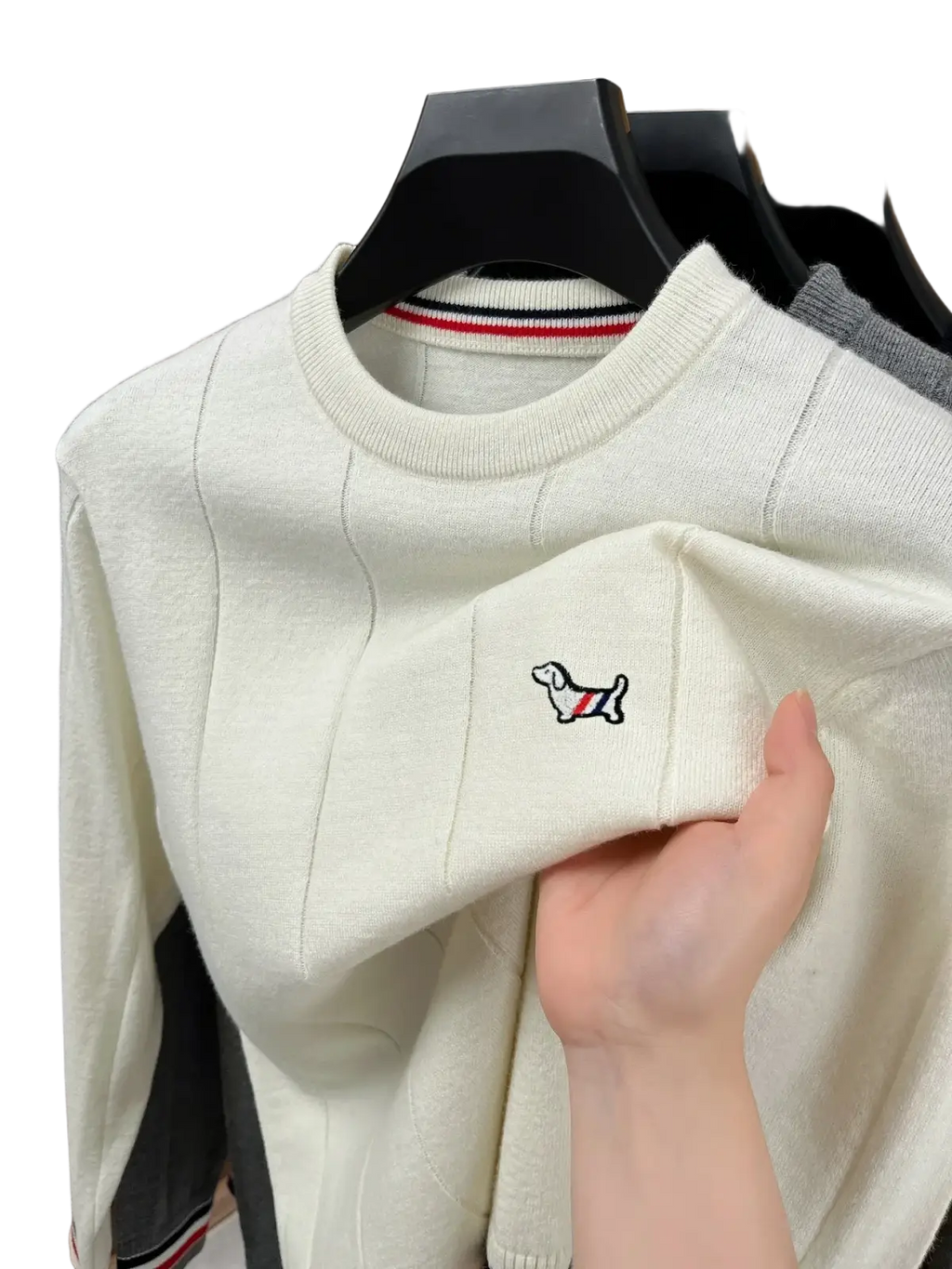 Off-white standard wool striped knit pullover for men with ribbed neckline and embroidered dog patch on chest